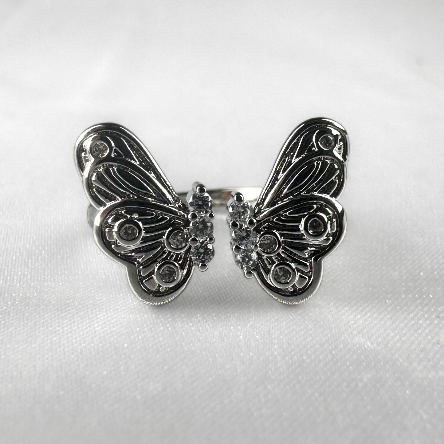 Large Open Silver Adjustable Butterfly Ring