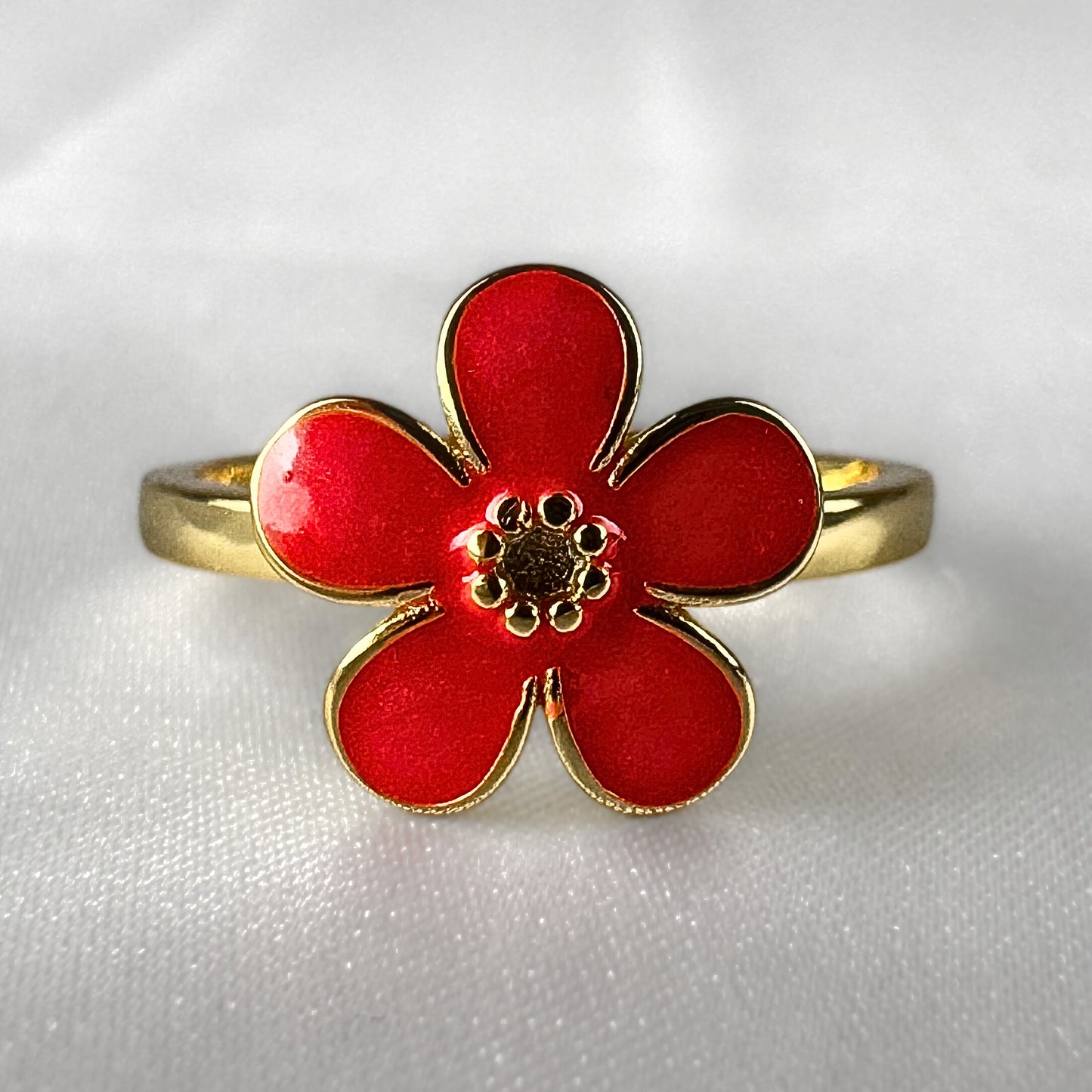 Adjustable Gold Plated Red Enamel Flower Ring