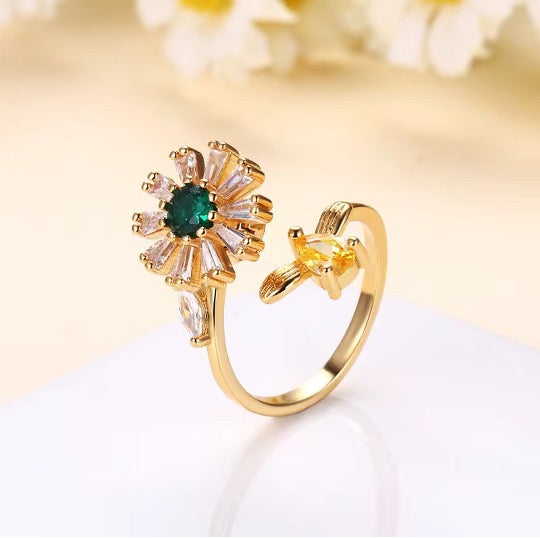 Bee and Flower Gold Plated Adjustable Spinner Ring