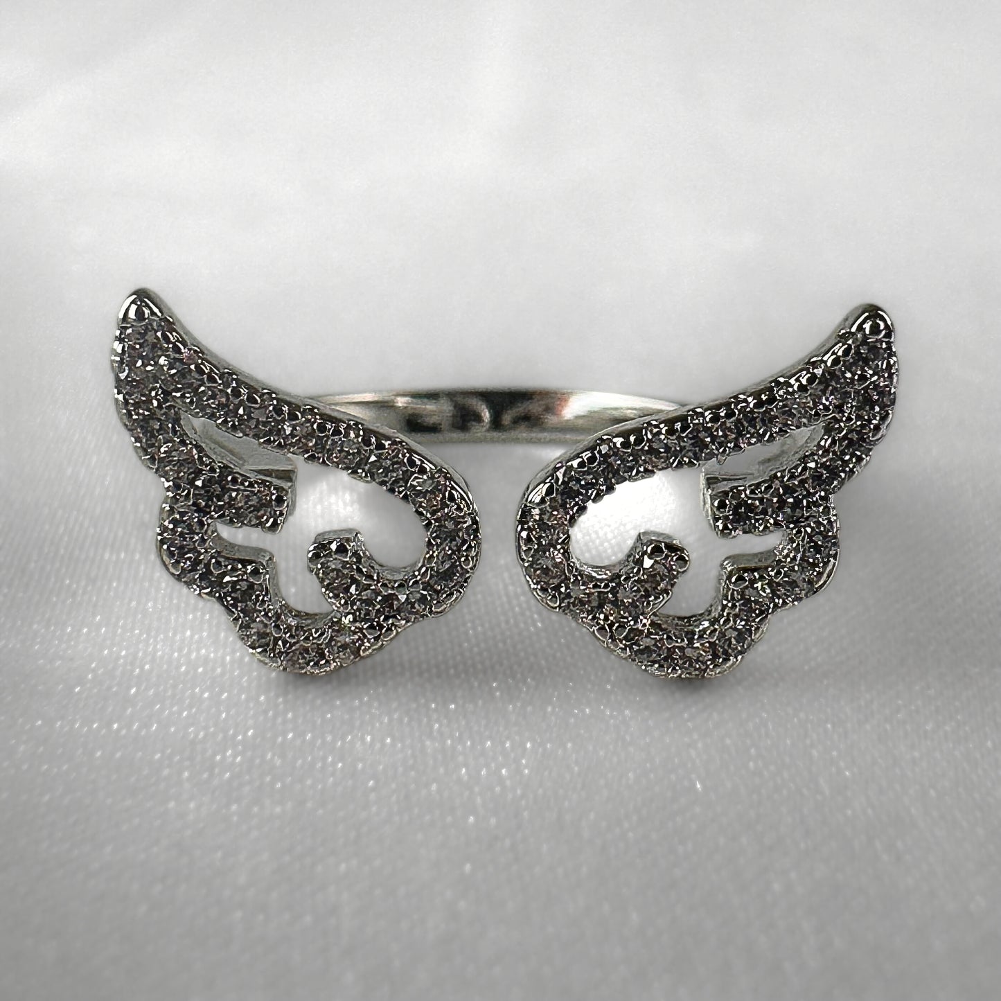 Silver Adjustable Diamanté Angel Wing Ring