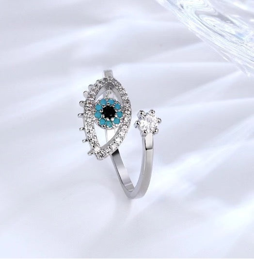 Diamanté Open Silver Plated Adjustable Evil Eye Ring