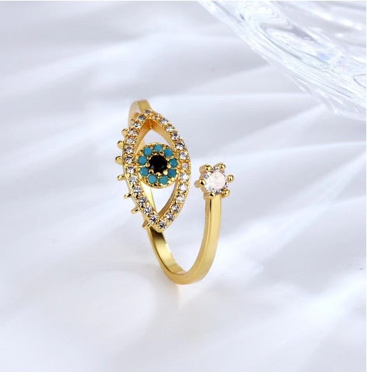 Diamanté Gold Plated Adjustable Open Evil Eye Ring
