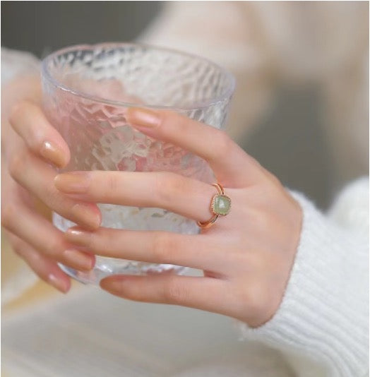 Square Green Gold Plated Adjustable Ring