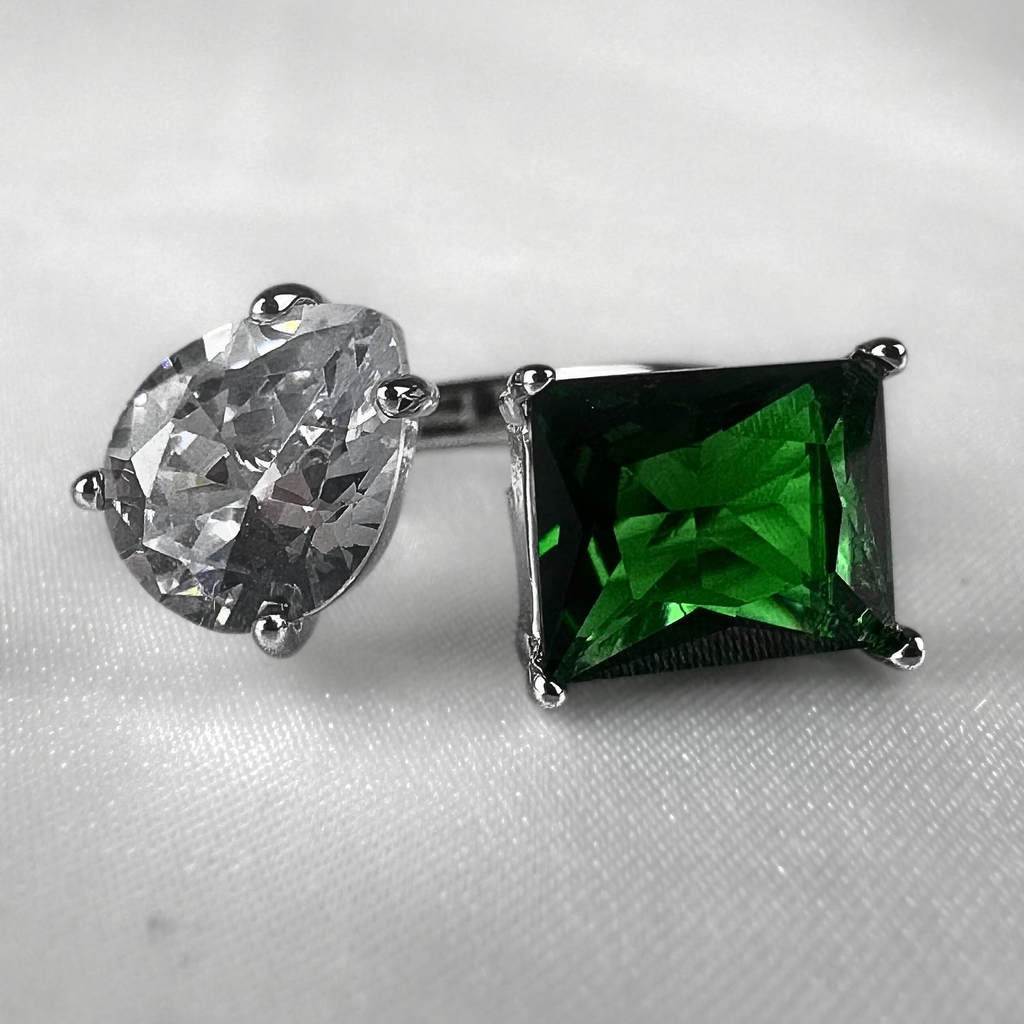 Green Silver Adjustable Rectangle and Pear Ring