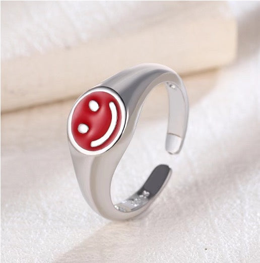 Red Smiley Face Silver Plated Adjustable Signet Ring