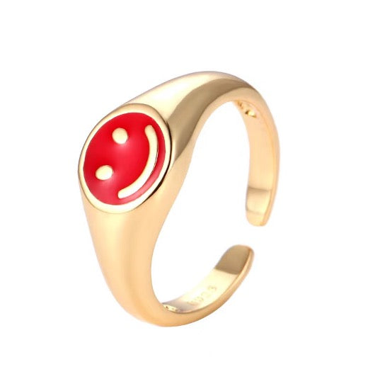 Red Smiley Face Gold Plated Adjustable Signet Ring