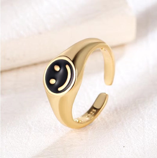 Black Gold Plated Adjustable Smiley Face Signet Ring