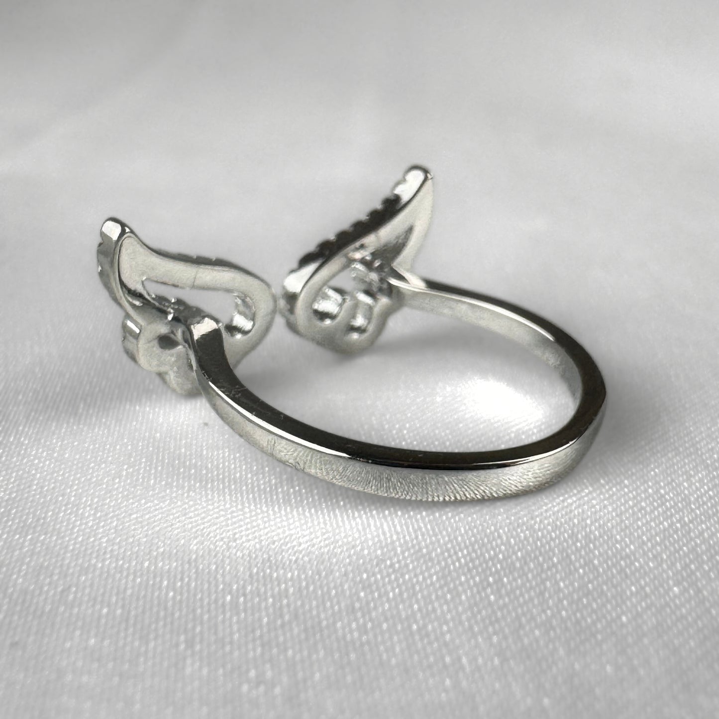 Silver Adjustable Diamanté Angel Wing Ring