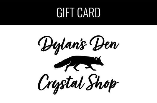 "Gift Card - Dylan's Den Crystal Shop" monochrome digital design with fox logo.