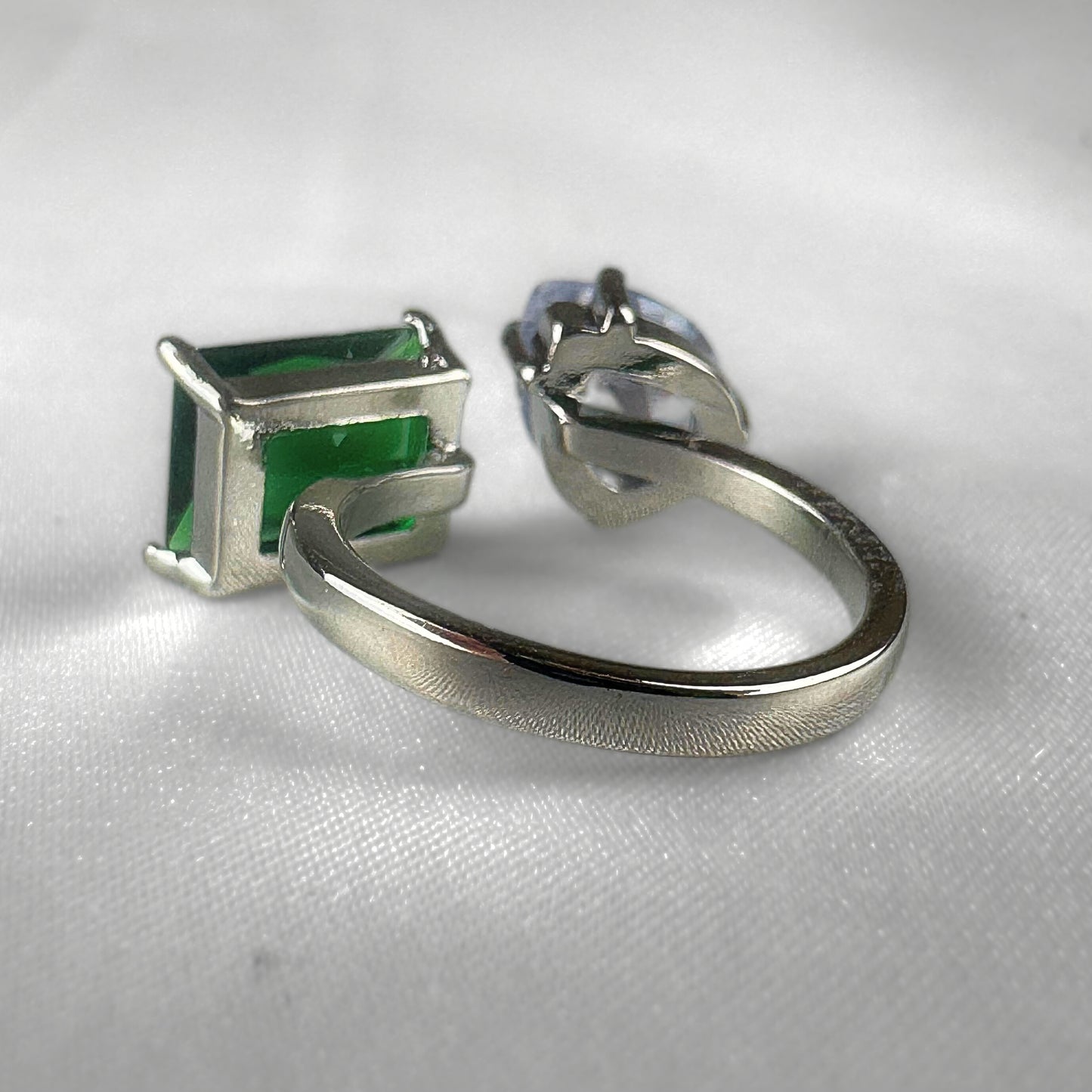 Green Silver Adjustable Rectangle and Pear Ring