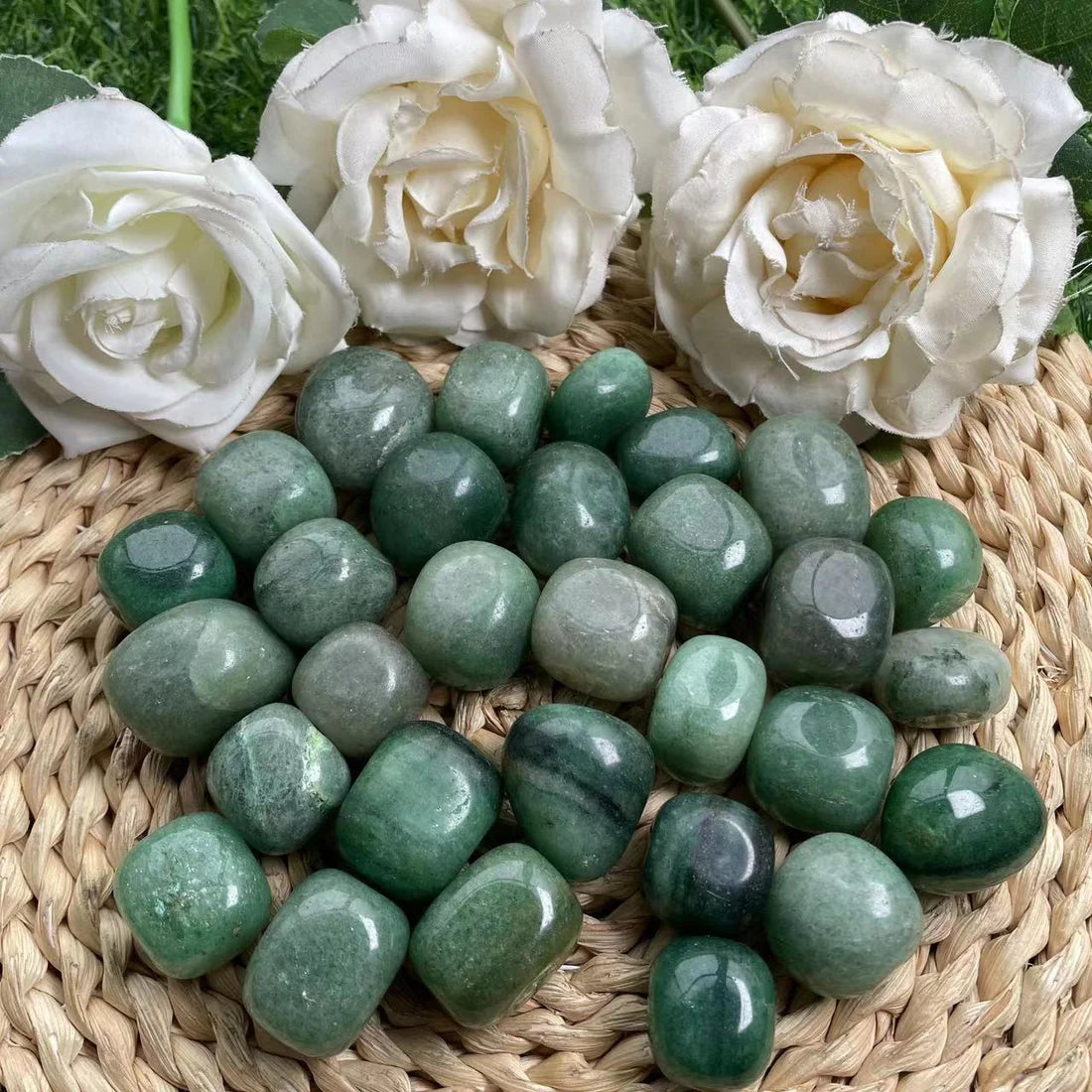 Quartz crystal tumblestones in shades of forest green from pine to grey-green.