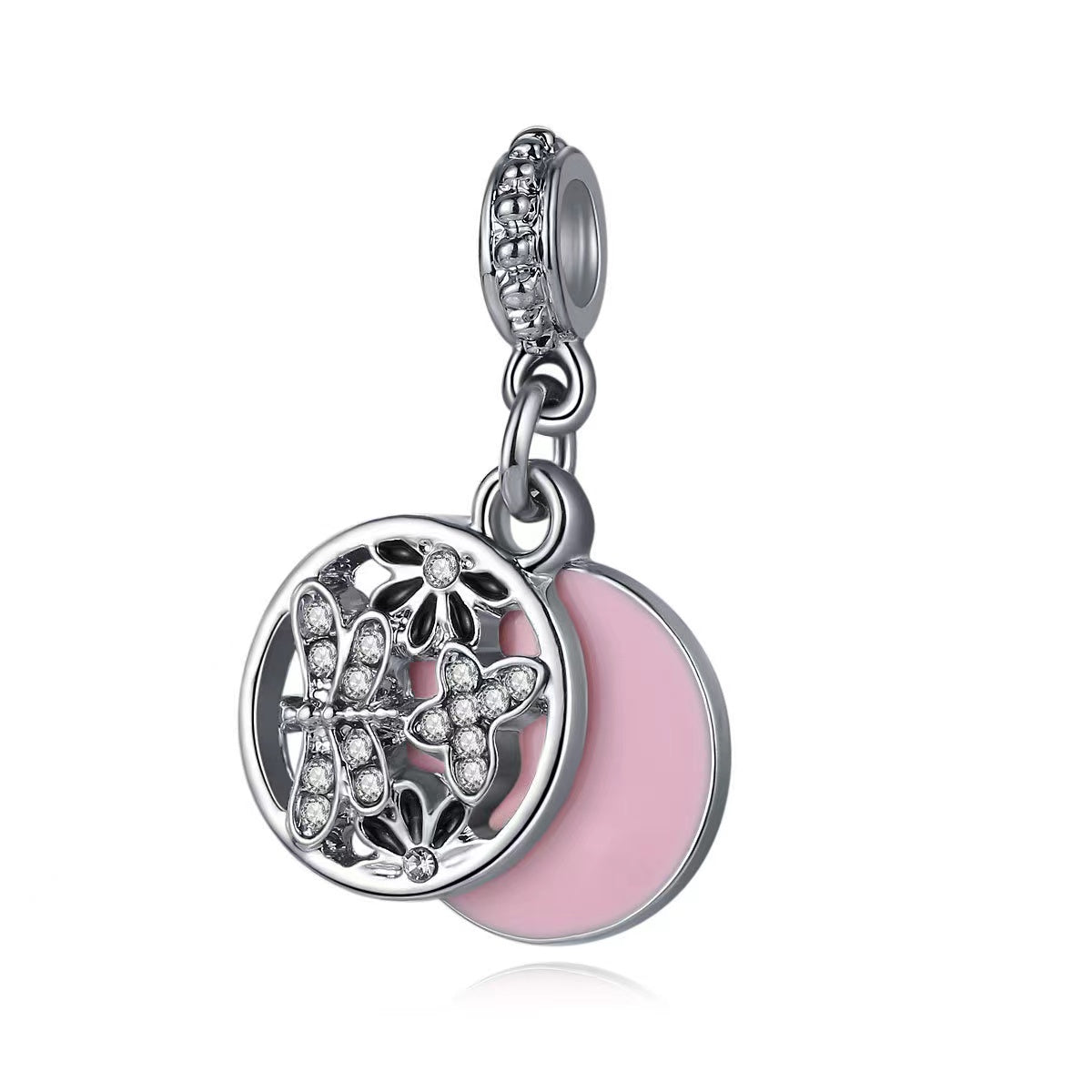 Pink Enamel Silver Dragonfly Disc Charm