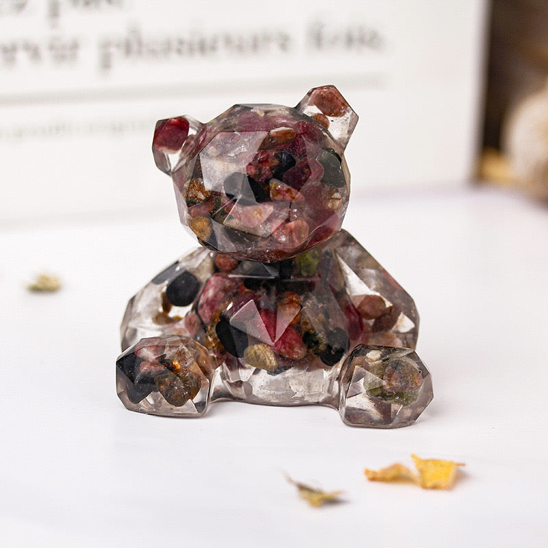 Rainbow Tourmaline Crystal Chip Resin Teddy Bear - Dylan's Den Crystal Shop
