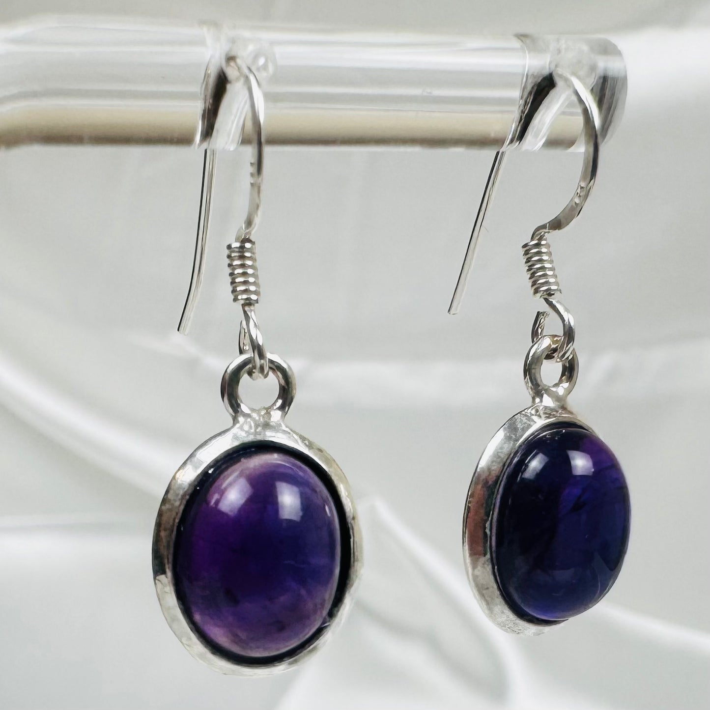 Silver Amethyst Crystal Oval Dangly Earrings