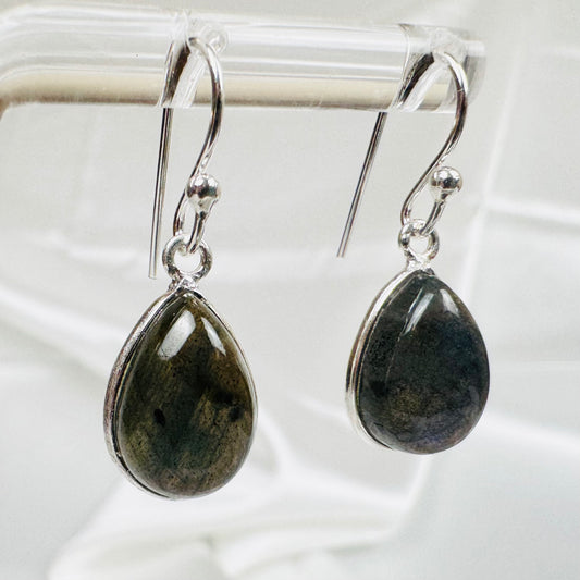 Silver Labradorite Crystal Pear Dangly Earrings