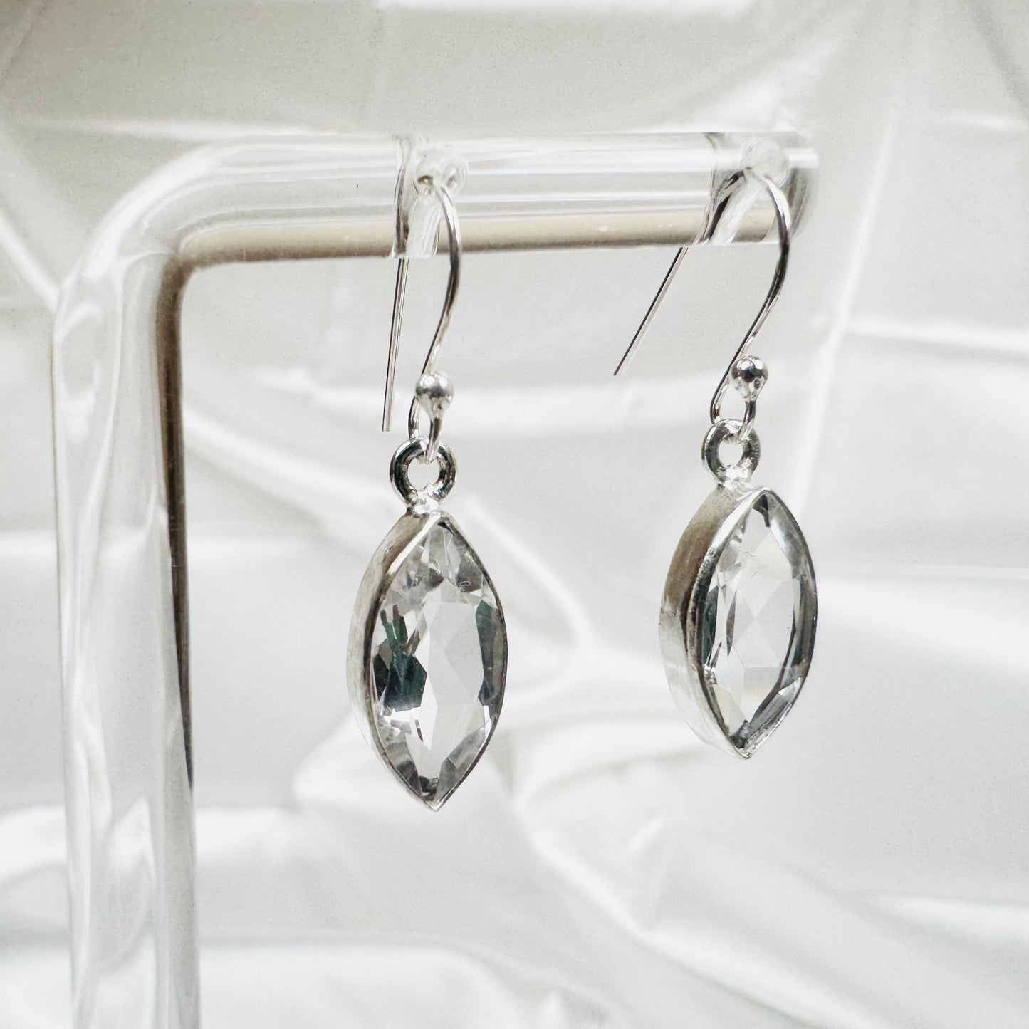 Silver Clear Quartz Crystal Faceted Marquise Dangly Earrings