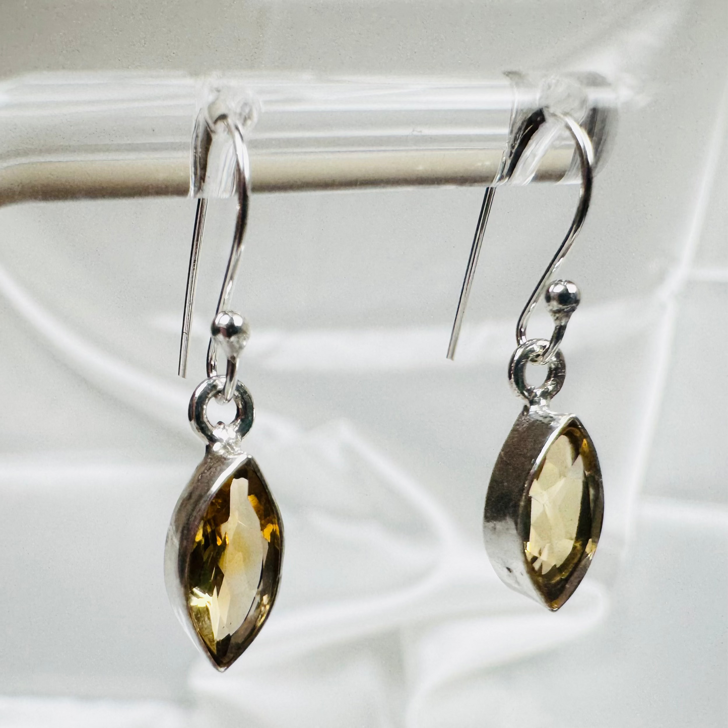 Silver Citrine Crystal Faceted Marquise Dangly Earrings