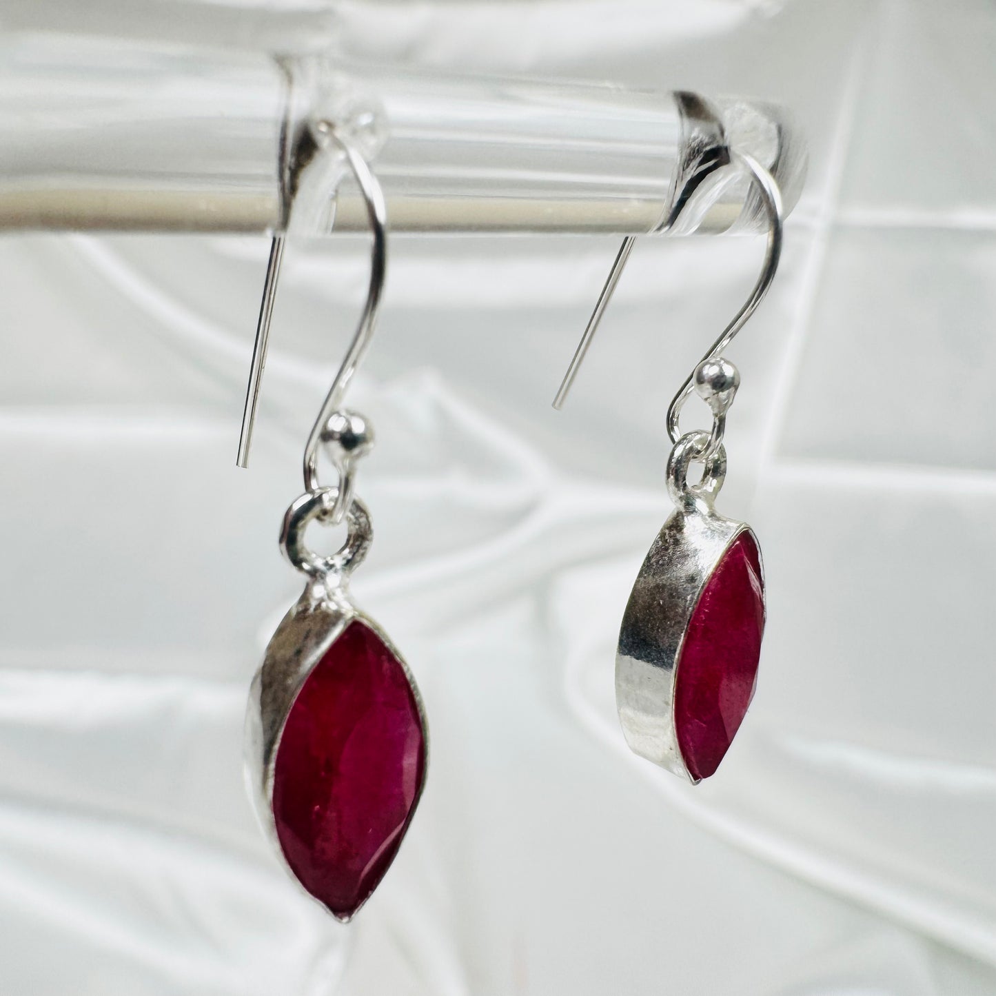 Silver Ruby Crystal Marquise Dangly Earrings