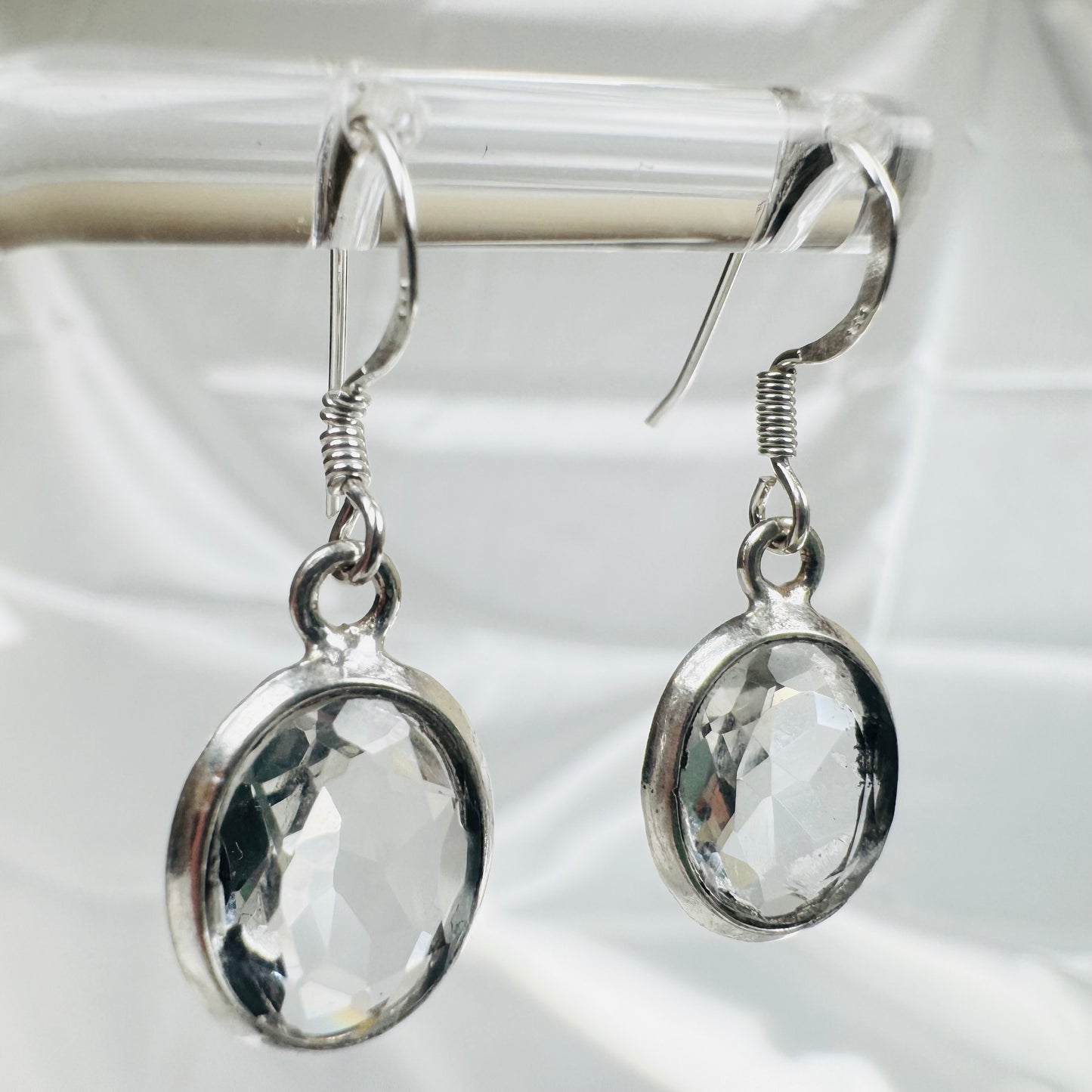 Silver Clear Quartz Crystal Oval Dangly Earrings