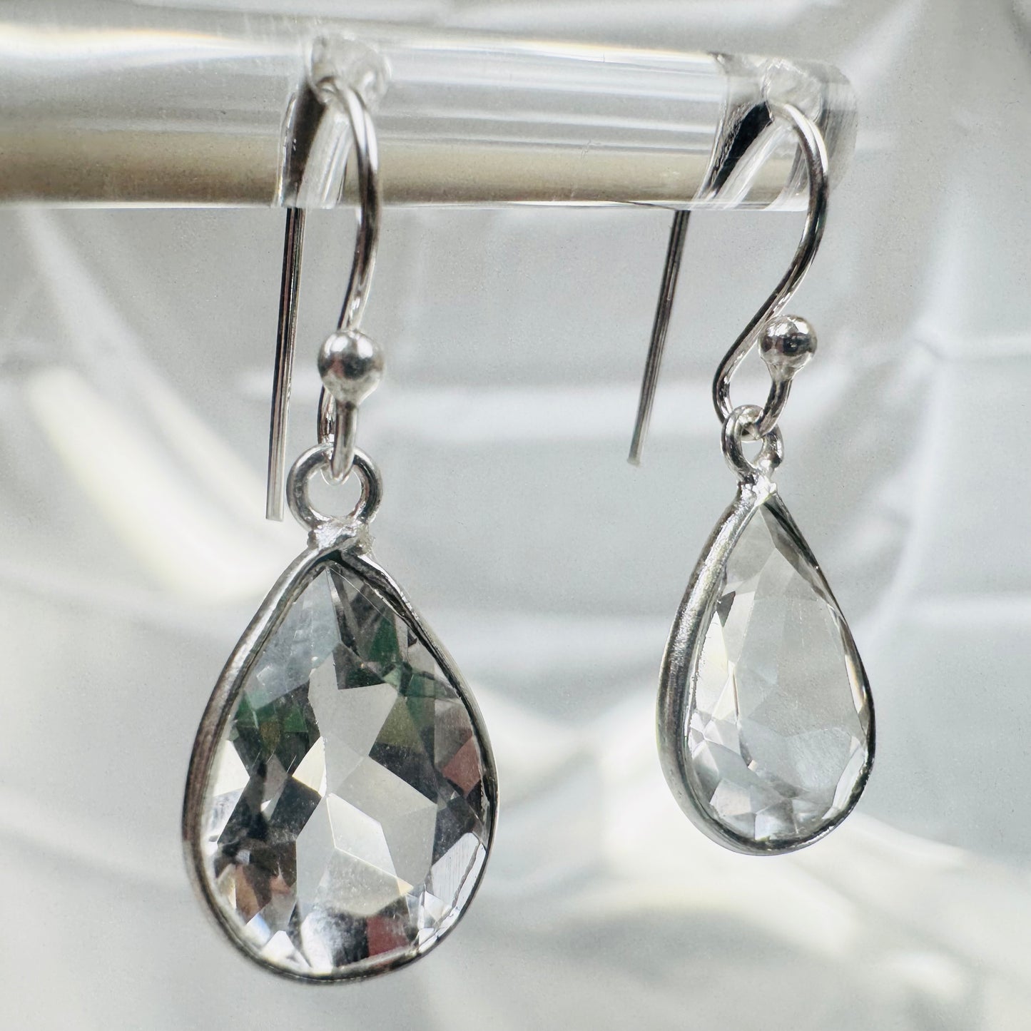 Silver Clear Quartz Crystal Pear Dangly Earrings