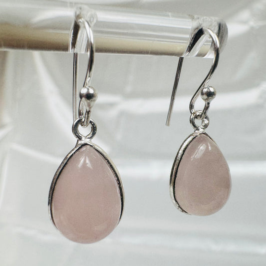 Silver Rose Quartz Crystal Pear Dangly Earrings