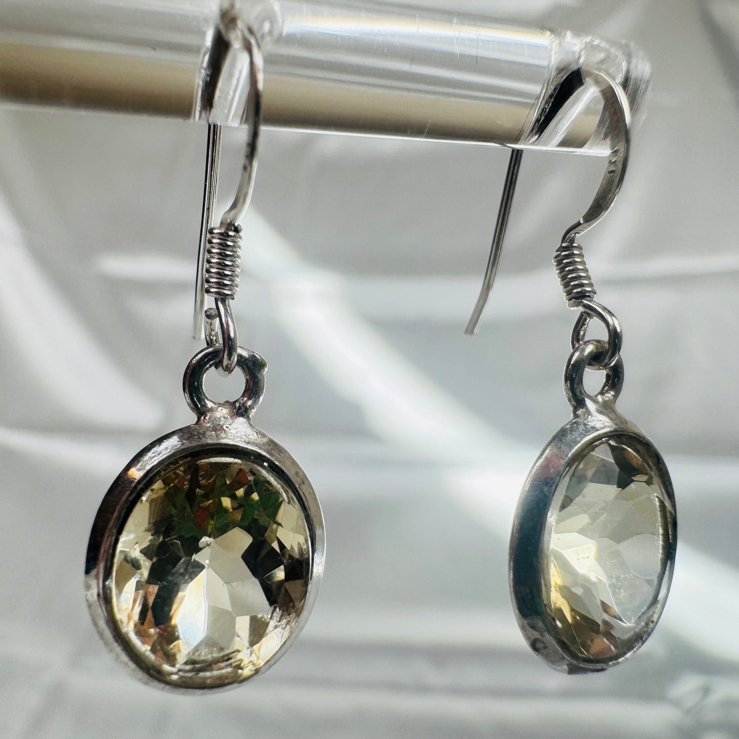 Silver Citrine Crystal Oval Dangly Earrings