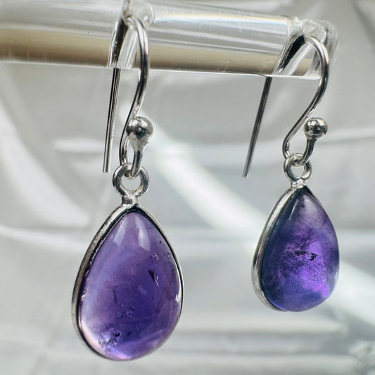 Silver Amethyst Crystal Pear Dangly Earrings