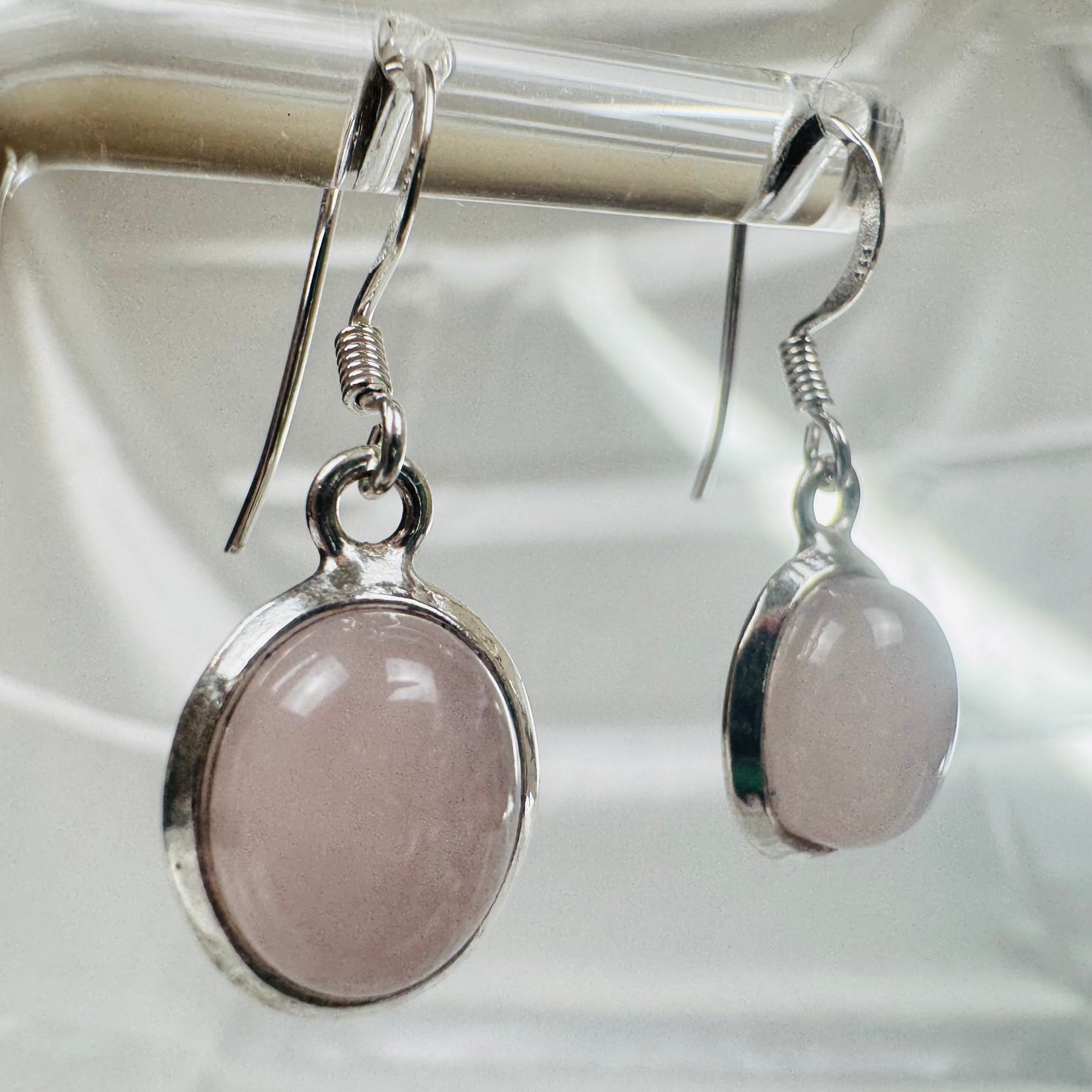 Silver Rose Quartz Crystal Oval Dangly Earrings