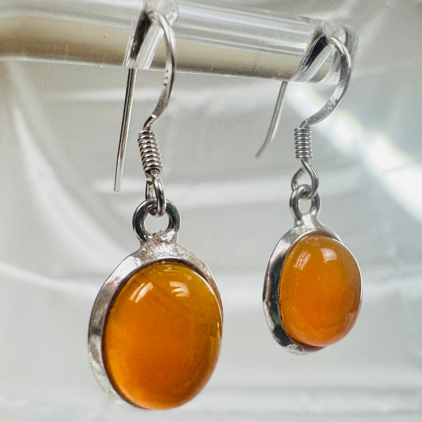 Silver Carnelian Crystal Oval Dangly Earrings