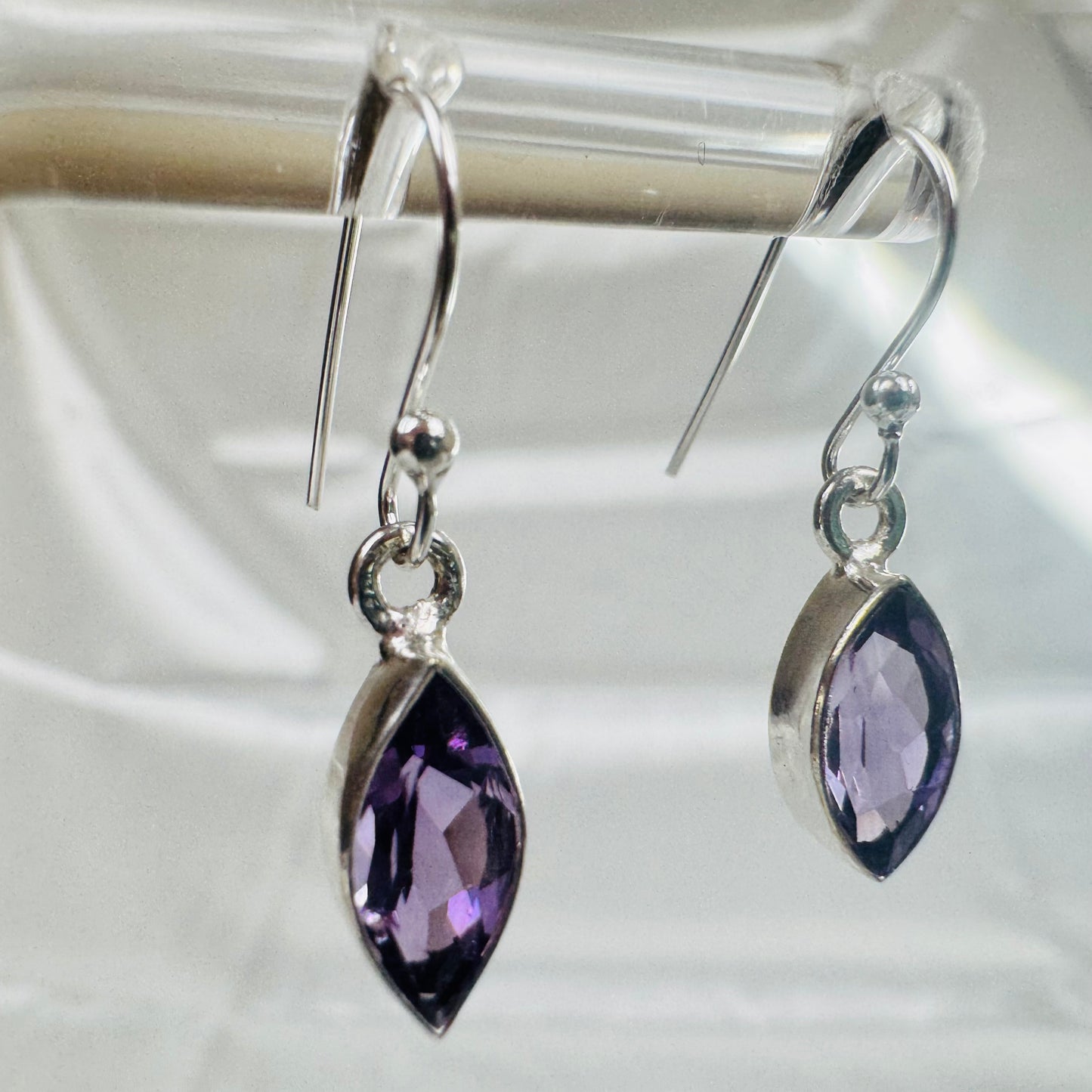 Silver Amethyst Crystal Faceted Marquise Dangly Earrings
