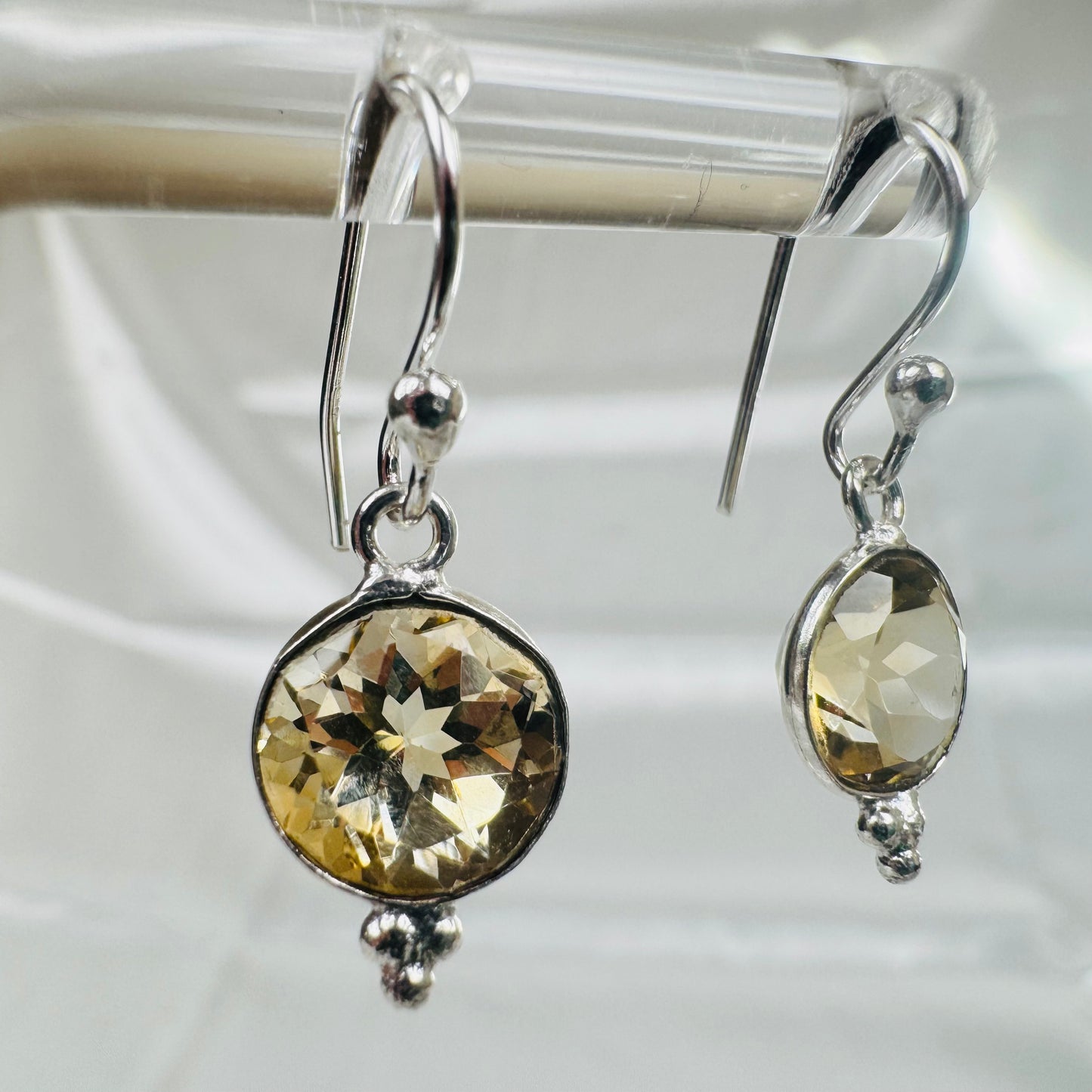 Silver Citrine Crystal Round with 3 Dots Dangly Earrings