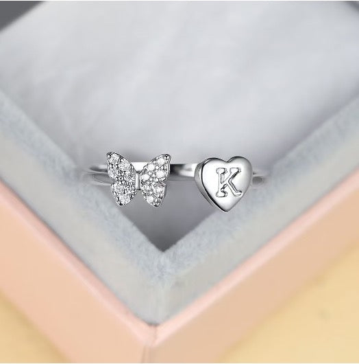 Silver Adjustable Butterfly Letter K Ring