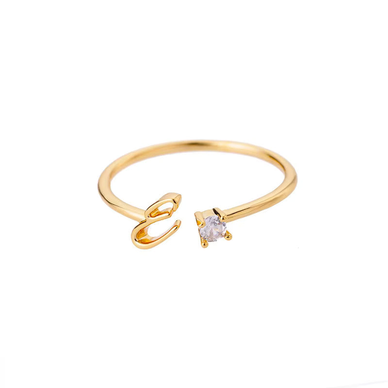 Gold Adjustable Diamanté Letter E Ring
