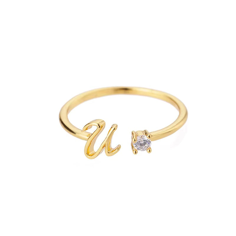 Gold Adjustable Diamanté Letter U Ring