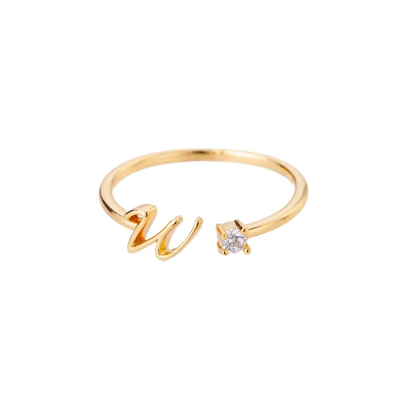 Gold Adjustable Diamanté Letter W Ring