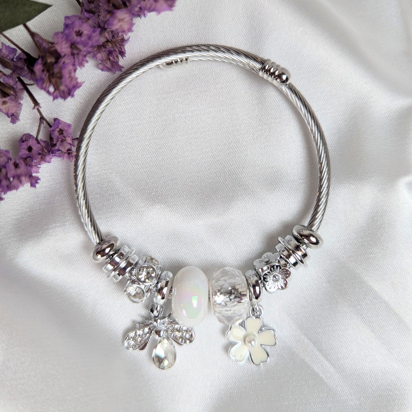 White Flower and Bee Charm Bracelet