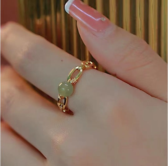 Green Bead  Gold Plated Adjustable Linked Ring