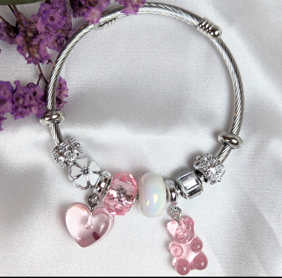 Light Pink Heart and Teddy Charm Bracelet