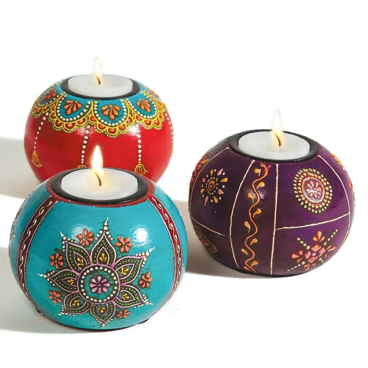 Hand Painted Wooden Round Tealight Holder