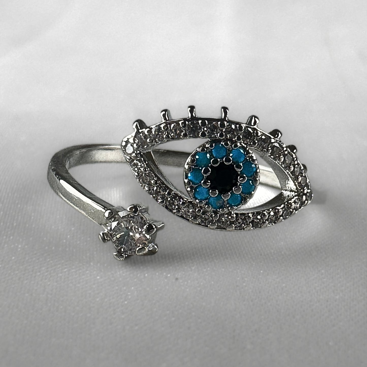 Diamanté Open Silver  Adjustable Evil Eye Ring