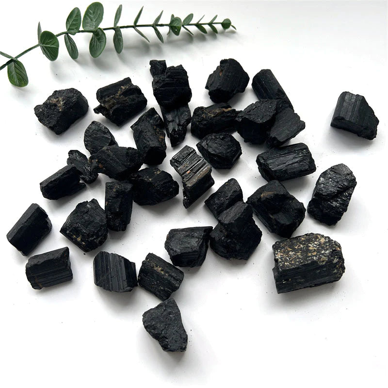 A collection of rough black tourmaline crystal chips on a white background. The black tourmaline pieces are positioned with a greenery decoration at the top left corner.