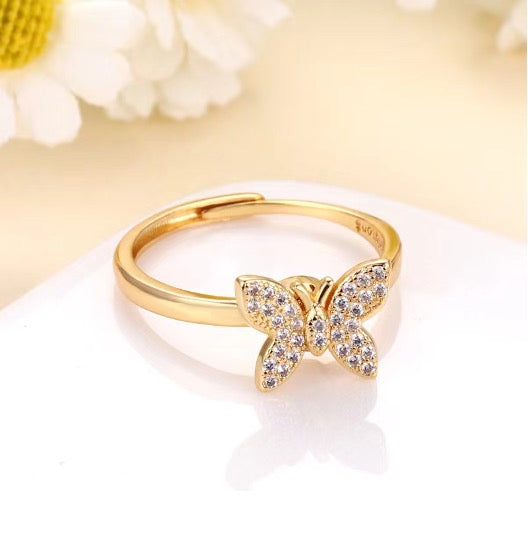 Diamanté Gold Adjustable Butterfly Spinner Ring