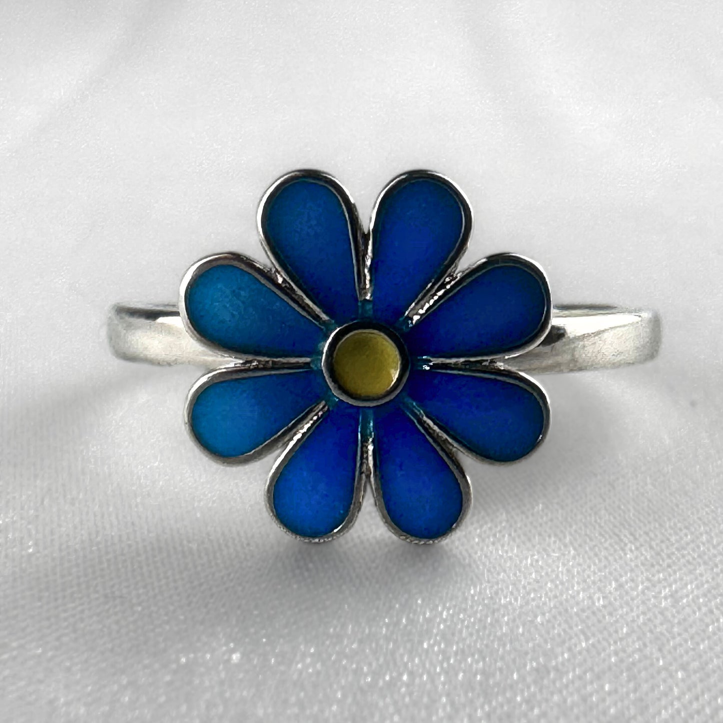 Blue Silver Adjustable Enamel Flower Ring