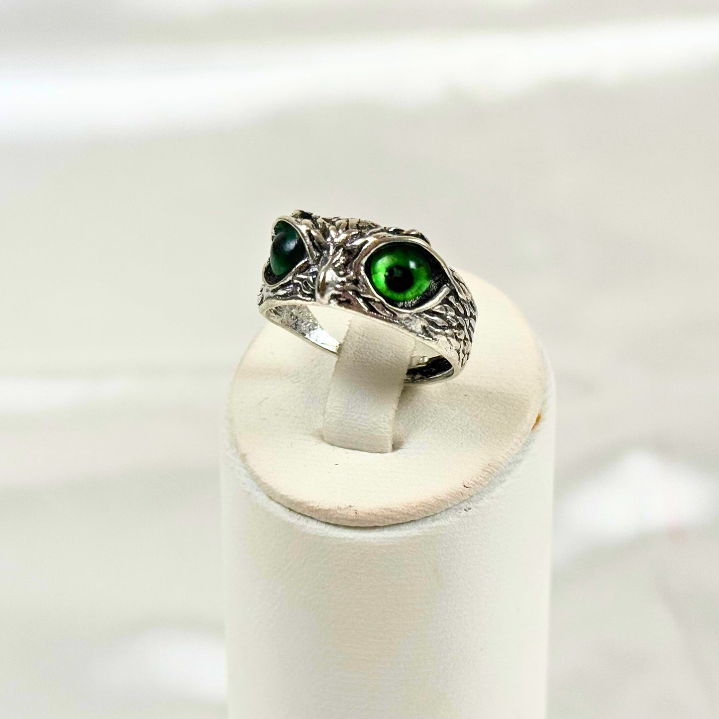 Silver Owl Ring with Green Eyes - Dylan's Den Crystal Shop