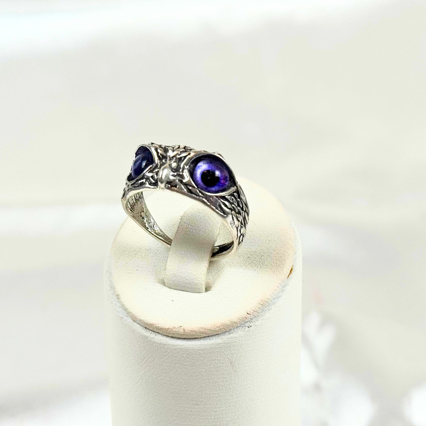 Silver Owl Ring with Purple Eyes - Dylan's Den Crystal Shop