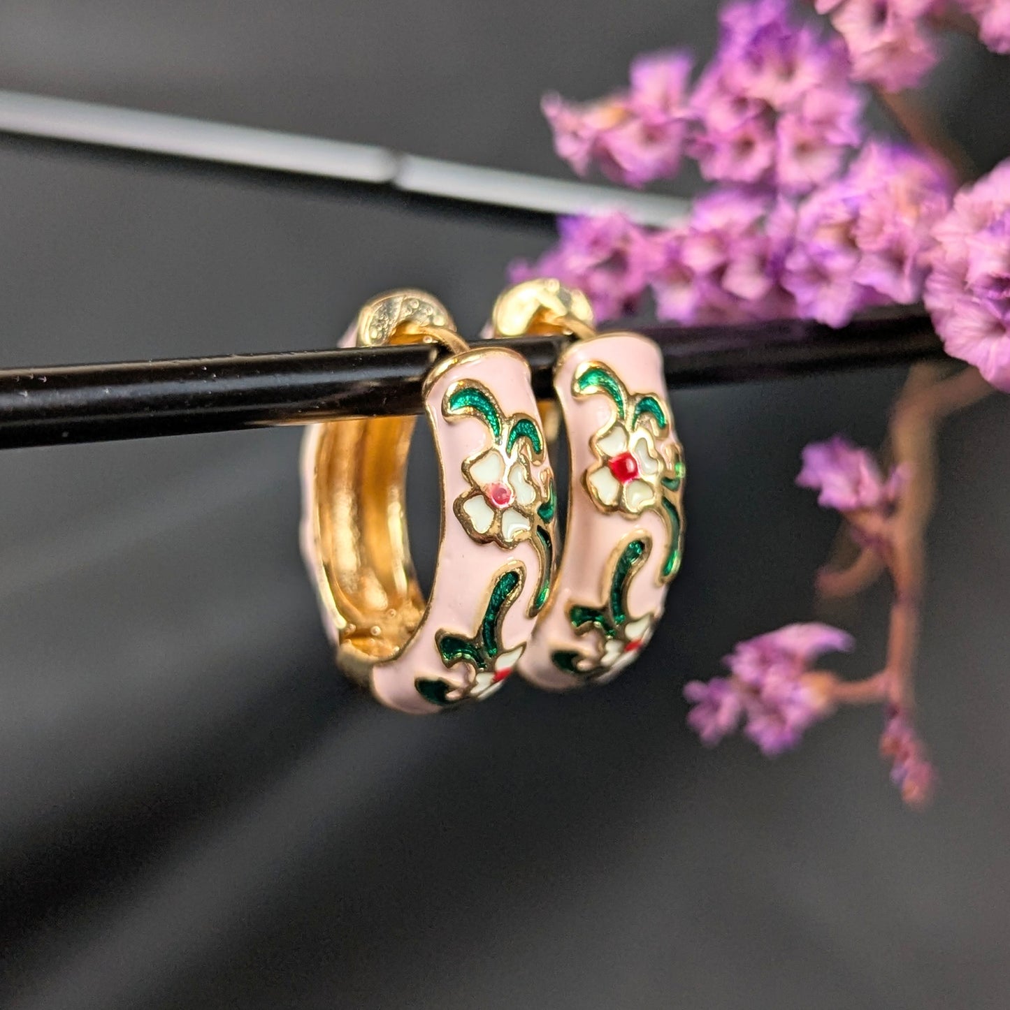 Cloisonné Huggie Hoops - Pink
