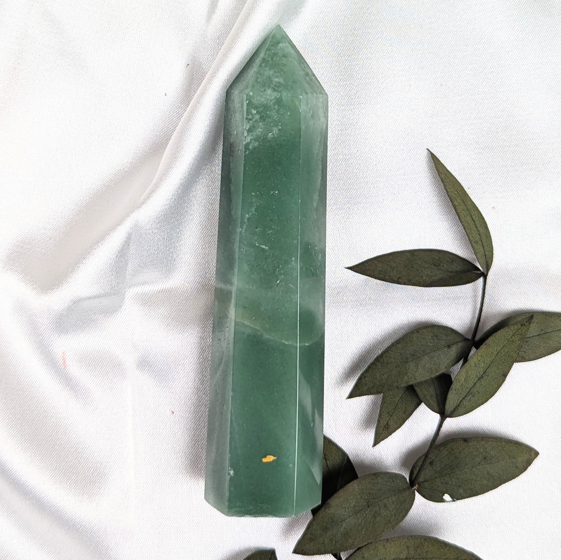 Green Aventurine Crystal Point with Moon Phase back