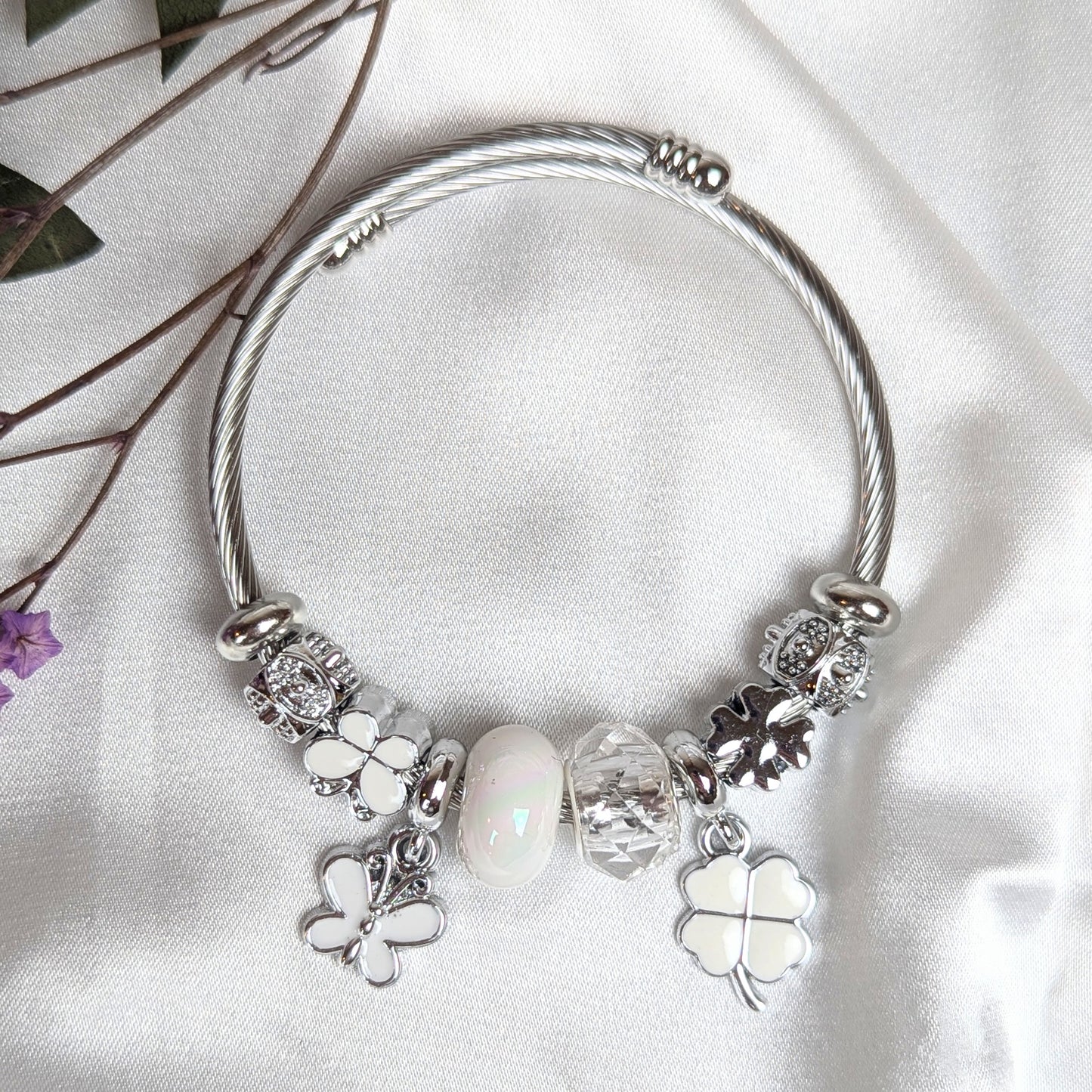 White Enamel Butterfly and Clover Charm Bracelet