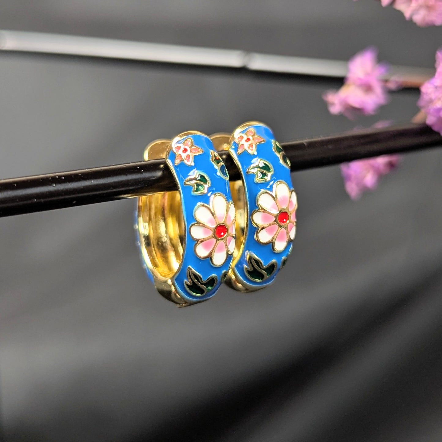 Cloisonné Huggie Hoops - Blue