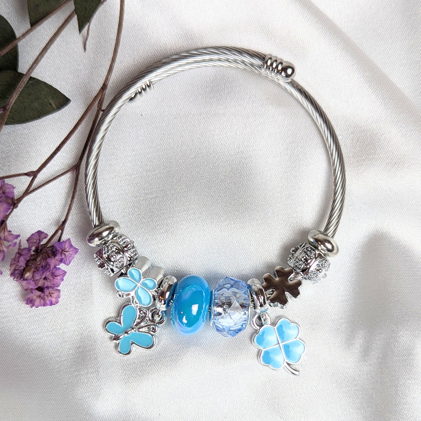 Blue Enamel Butterfly and Clover Charm Bracelet